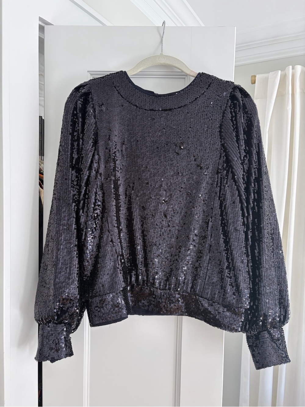 Sezane Navy Sequin Puff-Sleeve Sweatshirt